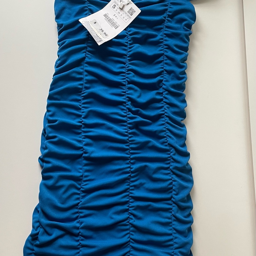 Blue Ruched Strapless Dress